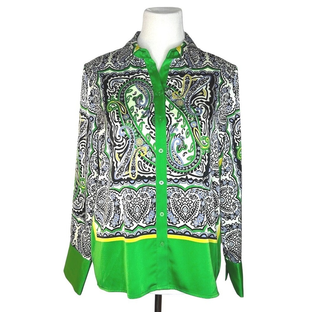 ZARA/ Maison d'Amélie Green Paisley Satin Button Down Blouse‎ Medium M